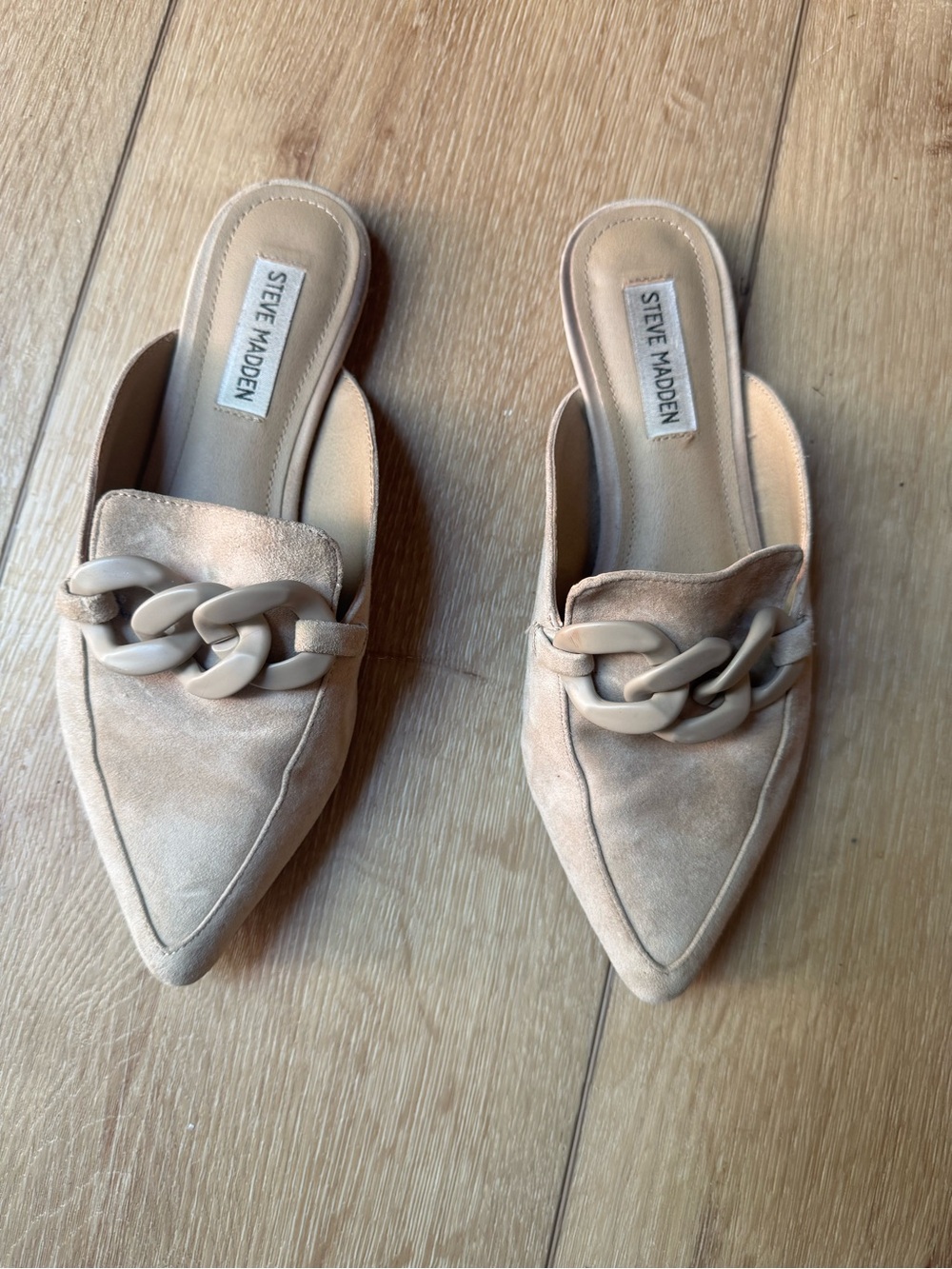 Steve Madden Beige Taupe Pointed Slip-On Mules with Chain Detail